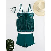 billiga Leopard badkläder-Dam Plusstorlekar Badkläder Tankini 2 st Längre baddräkt Hög midja Baddräkt Genomskinlig Hög midja Stickat Stylish Standkläder Leopard Tropisk Rund hals Ärmlös Baddräkter