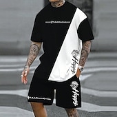 cheap Men's Printed Tees sets-Men's Rose 2pcs Tees sets Summer Tops Short Sleeve Short Pants Crew Neck Athleisure Sports &amp; Outdoor Going out Casual Daily Crewneck Summer Black-White