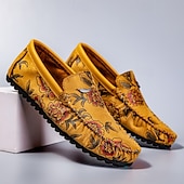 abordables Chaussures sans lacets &amp; mocassins-Mocassins brodés de fleurs pour hommes en daim jaune - des chaussures élégantes à enfiler parfaites pour les sorties décontractées et les événements artistiques