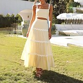 preiswerte Abschlusskleider-Damen Midikleid Weißes Kleid Abschlusskleid Zweiteiliges Kleid Mode Geburtstag Abschlussfeier Date Normale Passform Farbblock Ärmellos Spaghettiträger Hellgelb Weiß Sommer