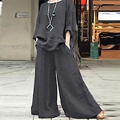 cheap Sets-Women&#039;s Streetwear Daily Cotton Linen Sets Two Piece Sets Pants Sets Long Sleeve Crew Neck Solid Color Daily Wear Casual Daily Green Khaki Gray Summer Regular Fit