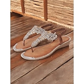 levne Sandály na dovolenou-dámské zdobené hnědé sandály v boho stylu – křišťálové – ozdobená plochá tanga obuv na letní festivaly, výlety na pláž a příležitostná setkání
