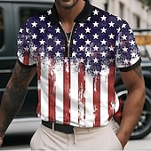 cheap Independence Day Polos-Men&#039;s American US Flag Zip Polo Shirts Short Sleeve Polo Shirts Collared Shirts Casual Athleisure Daily Wear 3D Print Summer Red Navy Blue Sky Blue