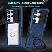 お買い得  サムスン用ケース-Samsung Galaxy S24 Ultra Plus S24 FE S23 Ultra Plus S22 Plus Ultra用電話ケーススタンドホルダー付きマグネットサポートワイヤレス充電レトロPC
