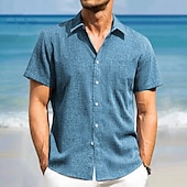 preiswerte Urlaub-Herren leinenhemd Sommerhemd Strandhemd Kurzarm Modisch lässig Urlaub Ferien Strandbekleidung Sommer Frühling Kragen Hemden mit Kragen Eine Tasche vorne Dunkelmarine Blau Grün Grau