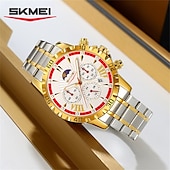 お買い得  クォーツ腕時計-SKMEI メンズ サン ムーン スター スチールベルト 時計 多機能 三眼 六針 タイミング ナイトライト ポインター 時計