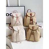 economico Zaini alla moda-zaino in paglia per donna – borsa da viaggio in rattan intrecciato boho con cinturini in pelle, zaino da spiaggia estivo chic, borsa casual per le vacanze e l&#039;uso quotidiano bianco rosa marrone