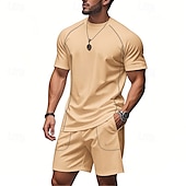 abordables survêtement et sweat à capuche pour hommes-Homme Ensemble Survetement T-shirt et short Ensemble de tenues Col ras du cou Extérieur Quotidien Sports Avec Poches Cordon de serrage Uni Noir Marron Gris Claire Polyester Tenues de Sport Streetwear