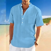preiswerte Herren Popover Hemden-Herren Hemd Sommerhemd Freizeithemd Strandhemd Knopfhemd Schwarz Weiß Dunkelmarine Himmelblau Kaki Kurzarm Einfach Stehkragen Urlaub Hawaiianisch Tasche Bekleidung Polyester Mode Lässig Bequem