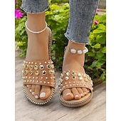 abordables Sandales de Vacances-Sandales à enfiler noires cloutées pour femmes – sandales plates tendance à rivets dorés pour l&#039;été, la plage et les sorties décontractées