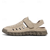 abordables sandalias de exterior-Sandalias beige sin cordones para hombre con diseño perforado y suela acolchada para paseos casuales y ropa de playa.