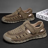 abordables sandalias de exterior-Sandalias beige sin cordones para hombre con diseño perforado y suela acolchada para paseos casuales y ropa de playa.