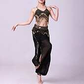 お買い得  ラテンダンスウェア-ラテンダンス 上着 ゴールドコイン ピュアカラー スプライシング 女性用 性能 訓練 ノースリーブ ハイウエスト ポリエステル
