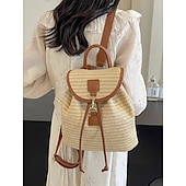 economico Zaini alla moda-zaino in paglia per donna – borsa da viaggio in rattan intrecciato boho con cinturini in pelle, zaino da spiaggia estivo chic, borsa casual per le vacanze e l&#039;uso quotidiano bianco rosa marrone
