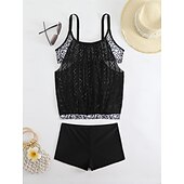 billiga Leopard badkläder-Dam Plusstorlekar Badkläder Tankini 2 st Längre baddräkt Hög midja Baddräkt Genomskinlig Hög midja Stickat Stylish Standkläder Leopard Tropisk Rund hals Ärmlös Baddräkter