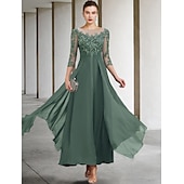 billiga Golvlängd-A-linjeformad klänning för brudens mor bröllopsgäst elegant plus size juvelhals ankellängd chiffong spets 3/4 längd ärm med ruched paljetter applikationer gratis anpassad storlek