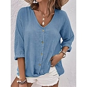 preiswerte Hemden-Damen Hemd Baumwoll-Leinen-Hemden Knopfleiste Bluse Einfach Basic Modern Langarm V Ausschnitt Normale Oberteile Täglich Ferien Knöpfe Rosa Blau Purpur Grün Khaki Sommer