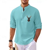 economico camicie casual da uomo-Per uomo Camicia popover Camicia Estiva Camicia casual Camicia da Spiaggia Camicia a maglia a nido d&#039;ape Nero Bianco Blu Azzurro cielo Grigio scuro Manica Lunga Renna Motivo Collo alla coreana Henley