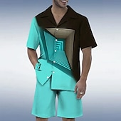 voordelige Bedrukte overhemden voor heren-Voor heren Meetkundig 2 stuks Overhemden Sets Overhemd Korte mouw Korte broek Cubaanse kraag Vakantie Casual / Dagelijks Feest Casual Dagelijks 3D-afdrukken Zomer Zwart / Blauw