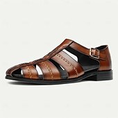 cheap Premium Leather Sandals-Premium Leather Fisherman Sandals with Buckle Detail - Stylish Choice for Outdoor Activities and Social Gatherings