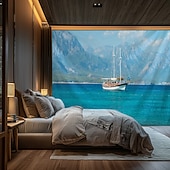 abordables Ocean Beach Tapestry-Landscape Ocean Hanging Tapestry Wall Art Large Tapestry Mural Decor Photograph Backdrop Blanket Curtain Home Bedroom Living Room Decoration Boat Sailing