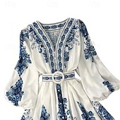billiga Bohemklänningar-Dam Midiklänning Boho-klänning Klänning med tryck Mode Puffärmad Utomhus Helgdag Utekväll Normal Blomma Långärmad V-hals Blå Sommar