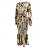 preiswerte abendkleider-Damen Midikleid Cocktailkleid Etui-Kleid Mode Urlaub Ferien Teegesellschaft Normale Passform Leopard Langarm V Ausschnitt Schwarz Khaki Aprikose Sommer