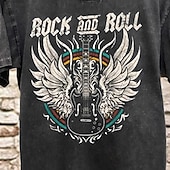 お買い得  メンズグラフィックTシャツ-男性用ヴィンテージウォッシュロック＆ロールグラフィックTシャツ、ショートスリーブギターデザインTシャツ