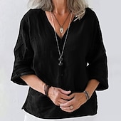 preiswerte Hemden-Damen Bluse Baumwoll-Leinen-Hemden Einfach Basic Modern Dreiviertelarm V Ausschnitt Normale Oberteile Täglich Ferien Ausgehen Knöpfe Schwarz Weiß Rosa Braun Aprikose Sommer
