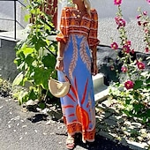 ieftine Rochii Boho-Pentru femei Rochie Lunga Rochie Maxi Rochie imprimata Clasic În aer liber Concediu Fit regulat Floare Manșon Jumate În V Albastru piscină Vară
