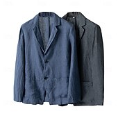 お買い得  男性用エリートアウターウェア-メンズ 100% リネン ブレザー スーツ 結婚記念日 バケーション エレガント ニュートラル 春秋 コットンリネン 無地ボタン 快適なシングルブレスト 2つボタン ブレザー ダークグレー ネイビーブルー