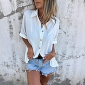ieftine Cămăși-Cămașă Bluză din Bumbac și In Culori Uni Elegant Casual Mânecă Scurtă Guler Regulare Tops Zilnic Sărbătoare Butoane Negru Alb Roșu Violet Khaki Vară Primăvară