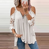preiswerte Damen Einfache Oberteile-Damen Bluse Einfach Modern Lässig Dreiviertelarm V Ausschnitt Normale Oberteile Täglich Ausgehen Reißverschluss Ausschnitt Schwarz Weiß Rosa Blau Grau Sommer