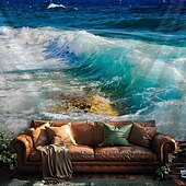 abordables Havstrand Teppe-Landscape Ocean Wave Hanging Tapestry Wall Art Large Tapestry Mural Decor Photograph Backdrop Blanket Curtain Home Bedroom Living Room Decoration