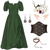 preiswerte Kleid-Retro Vintage Mittelalterlich Renaissance Kleid Zubehörset Ren Faire Wikinger Elfen Damen Halloween Karneval Maskerade LARP Erwachsene Kleid Weitere Accessoires Ohrringe