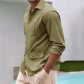 economico Casual da lavoro-Per uomo Camicia camicia di lino Maglietta informale Camicia con bottoni Camicia di cotone Guaiabera Liscio Da mare Hawaiano Nero Bianco Verde Albicocca Manica lunga Bavero Primavera Autunno