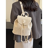 economico Zaini alla moda-zaino in paglia per donna – borsa da viaggio in rattan intrecciato boho con cinturini in pelle, zaino da spiaggia estivo chic, borsa casual per le vacanze e l&#039;uso quotidiano bianco rosa marrone