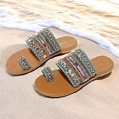 ieftine Sandale de vacanță-sandale de damă în stil boho cu margele, cu bretele colorate și inel pentru degete – pantofi de vară cu vârf deschis pentru ținute casual de plajă