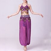 お買い得  ラテンダンスウェア-ラテンダンス 上着 ゴールドコイン ピュアカラー スプライシング 女性用 性能 訓練 ノースリーブ ハイウエスト ポリエステル