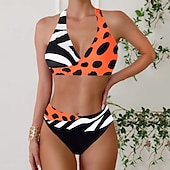 cheap Leopard Swimwear-Women&#039;s Plus Size Swimwear Bikini Tankini 2 Piece Cheeky Swimsuit Deep V Push Up Knitted Stylish Beach Wear Leopard Color Block Plunge Sleeveless Bathing Suits