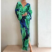 halpa Tyylikkäät kukkaiset mekot-Naisten Pitkä mekko Maxi mekko Coctail-asu Ruched mekko Muoti Juhla Teekutsut Bile Normaali Kukka Pitkähihainen V kaula-aukko Apila Kesä