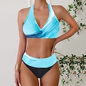 cheap Leopard Swimwear-Women&#039;s Plus Size Swimwear Bikini Tankini 2 Piece Cheeky Swimsuit Deep V Push Up Knitted Stylish Beach Wear Leopard Color Block Plunge Sleeveless Bathing Suits