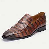 cheap Premium Leather Loafers-Men's Classic Brown Crocodile Pattern Leather Dress Shoes - Ideal for Business Meetings and Kentucky Derby