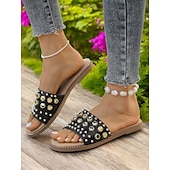 abordables Sandales de Vacances-Sandales à enfiler noires cloutées pour femmes – sandales plates tendance à rivets dorés pour l&#039;été, la plage et les sorties décontractées