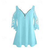 preiswerte Damen Einfache Oberteile-Damen Bluse Einfach Modern Lässig Dreiviertelarm V Ausschnitt Normale Oberteile Täglich Ausgehen Reißverschluss Ausschnitt Schwarz Weiß Rosa Blau Grau Sommer