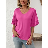 cheap Plain tee-Women&#039;s T Shirt Plain Fashion Modern Short Sleeve V Neck Regular Tops Daily Ruffle Black White Wine Sky Blue Fuchsia Summer
