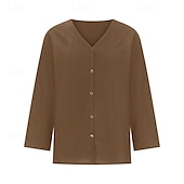 preiswerte Hemden-Damen Bluse Baumwoll-Leinen-Hemden Einfach Basic Modern Dreiviertelarm V Ausschnitt Normale Oberteile Täglich Ferien Ausgehen Knöpfe Schwarz Weiß Rosa Braun Aprikose Sommer