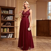 preiswerte Abendkleider-A-Linie Abendkleid Elegant Kleid Abendgesellschaft Abschlussball Bodenlang Ärmellos V Ausschnitt Gürtel / Schärpe Tüll V-Ausschnitt mit Glitzer Stickerei 2025