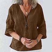 preiswerte Hemden-Damen Bluse Baumwoll-Leinen-Hemden Einfach Basic Modern Dreiviertelarm V Ausschnitt Normale Oberteile Täglich Ferien Ausgehen Knöpfe Schwarz Weiß Rosa Braun Aprikose Sommer