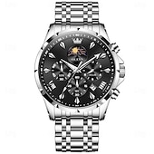 abordables Relojes de Cuarzo-OLEVS 3653 Reloj para Hombre Reloj de Cuarzo Reloj Cronógrafo Multifuncional para Hombre Impermeable a 30M Luminiscente Fase Lunar Reloj de Acero